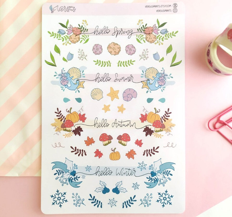 Seasons Planner Stickers, Hand-Drawn Stickers for Planners and Journals