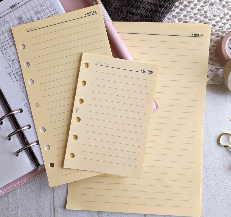 Inserti Notes A Righe Per Agende a 6 Anelli, in Carta Colorata Giallo Chiaro / Crema, Fronte e Retro