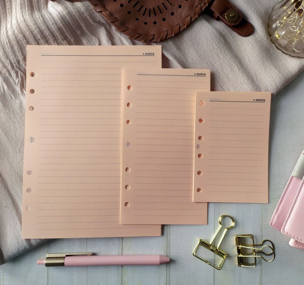 Inserti Notes A Righe Per Agende a 6 Anelli, in Carta Colorata Pesca, Fronte e Retro