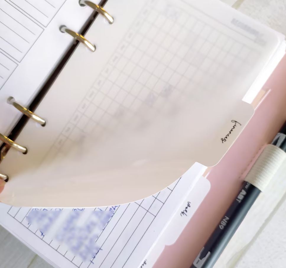 White PVC Planner Dividers with Custom Text on Tabs
