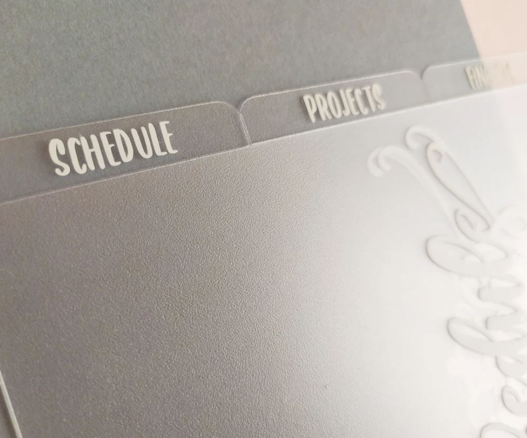 Clear Frosted PVC Dividers with White Vinyl Custom Text