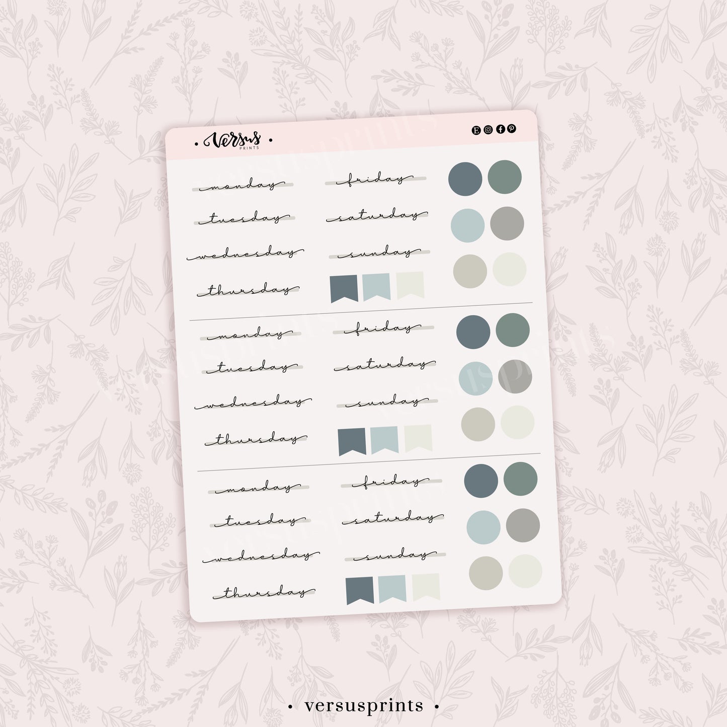 Weekly Planner Stickers (3x), Days of the Week, Green Palette