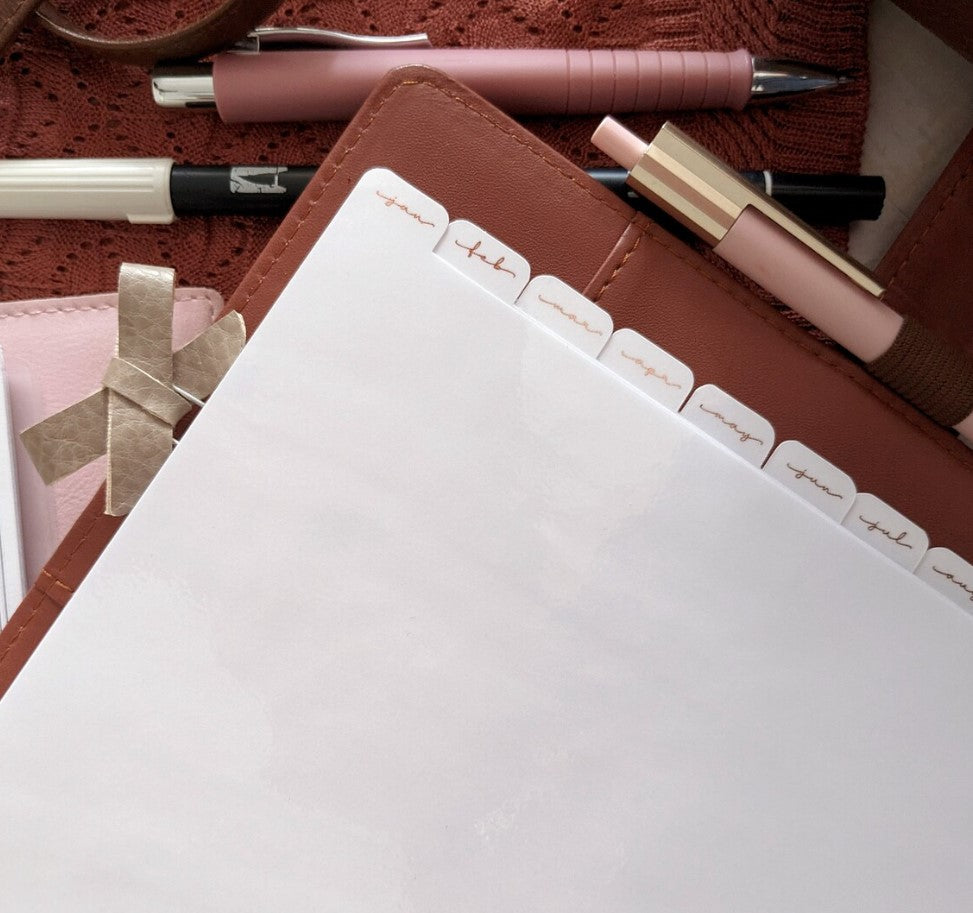 Monthly Laminated White Dividers, Rose Gold Foil Tabs