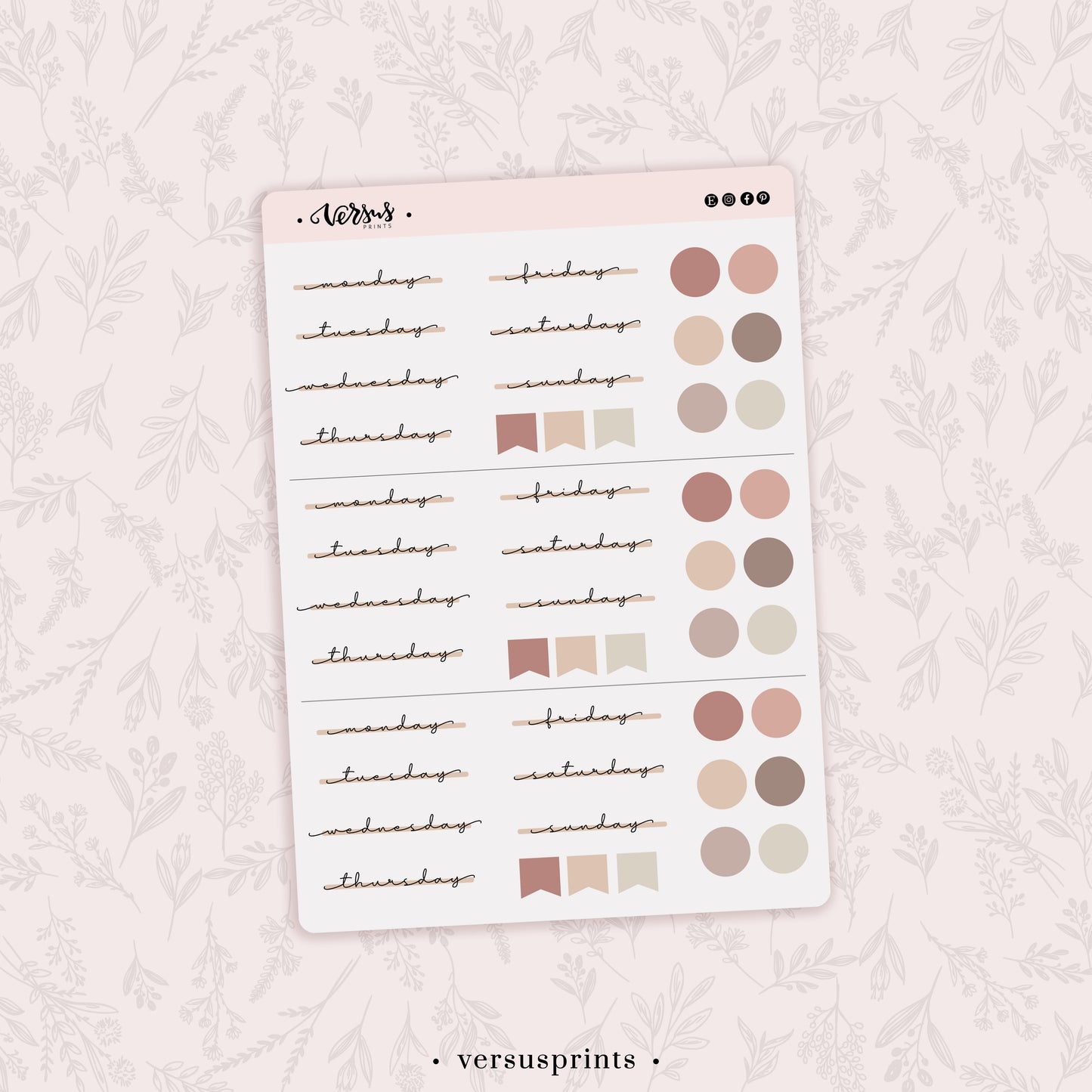 Weekly Planner Stickers (3x), Days of the Week, Pink Palette