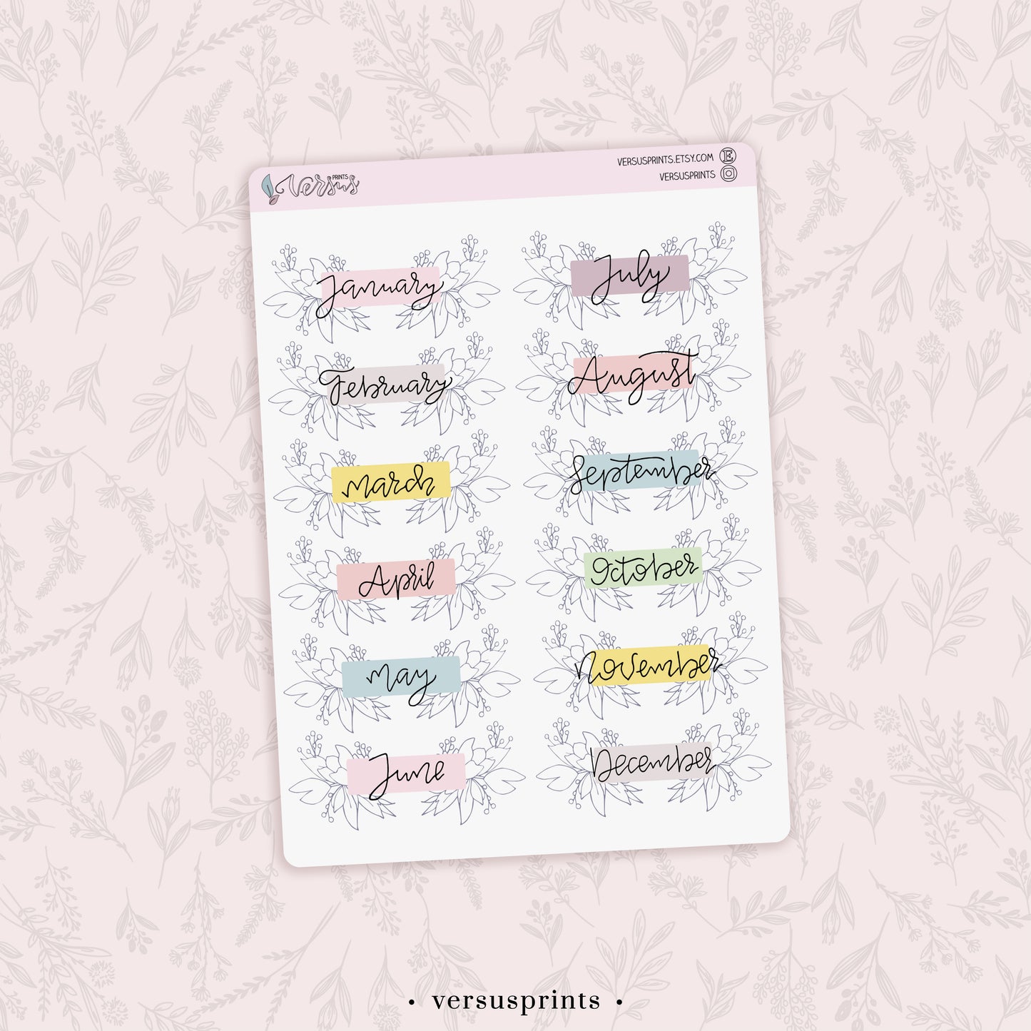 Set of 12 Monthly Headers Stickers with Hand Drawn Floral Elements