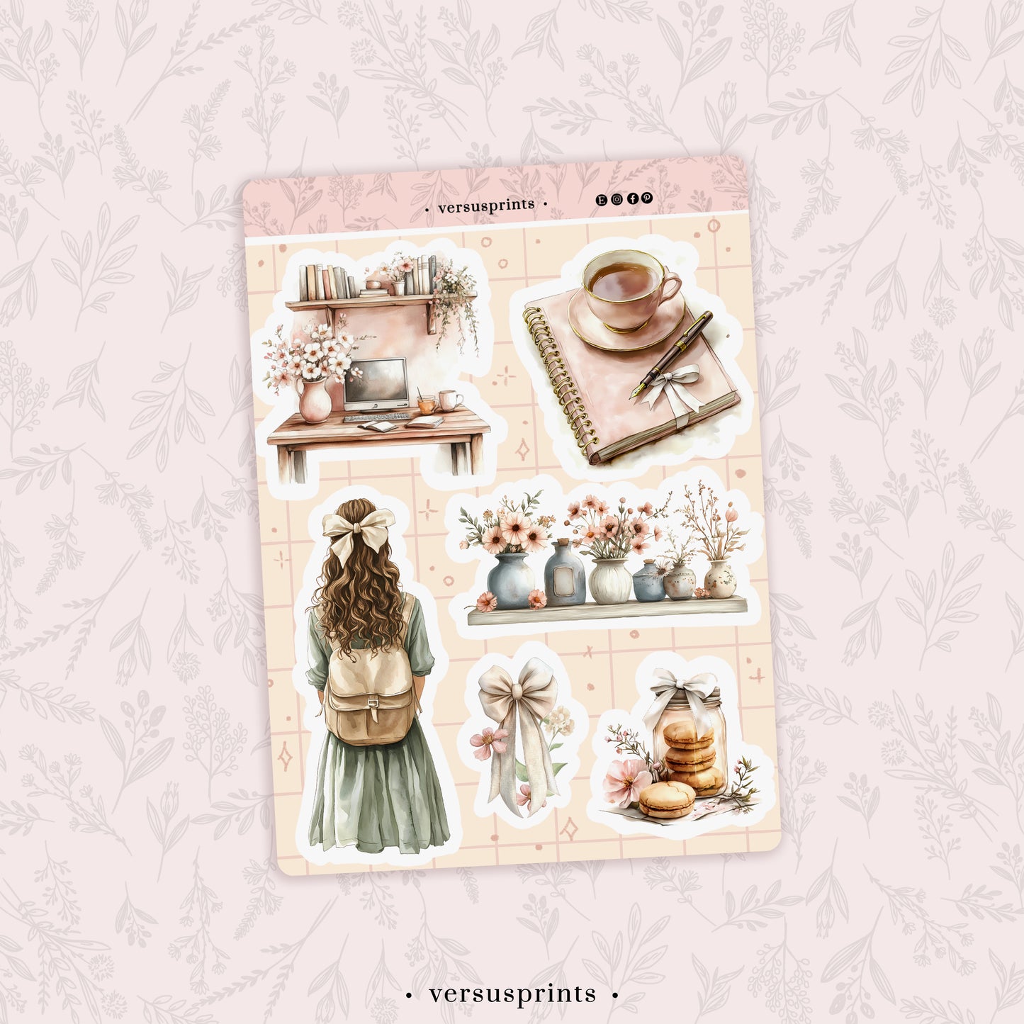 Cozy Studio Planner Sticker Sheet, Light Pink Deco Aesthetic, Journals, Tea and Bows Stickers, Soft Color Palette