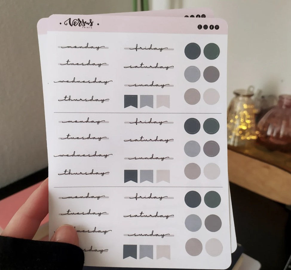 Weekly Planner Stickers (3x), Days of the Week, Green Palette
