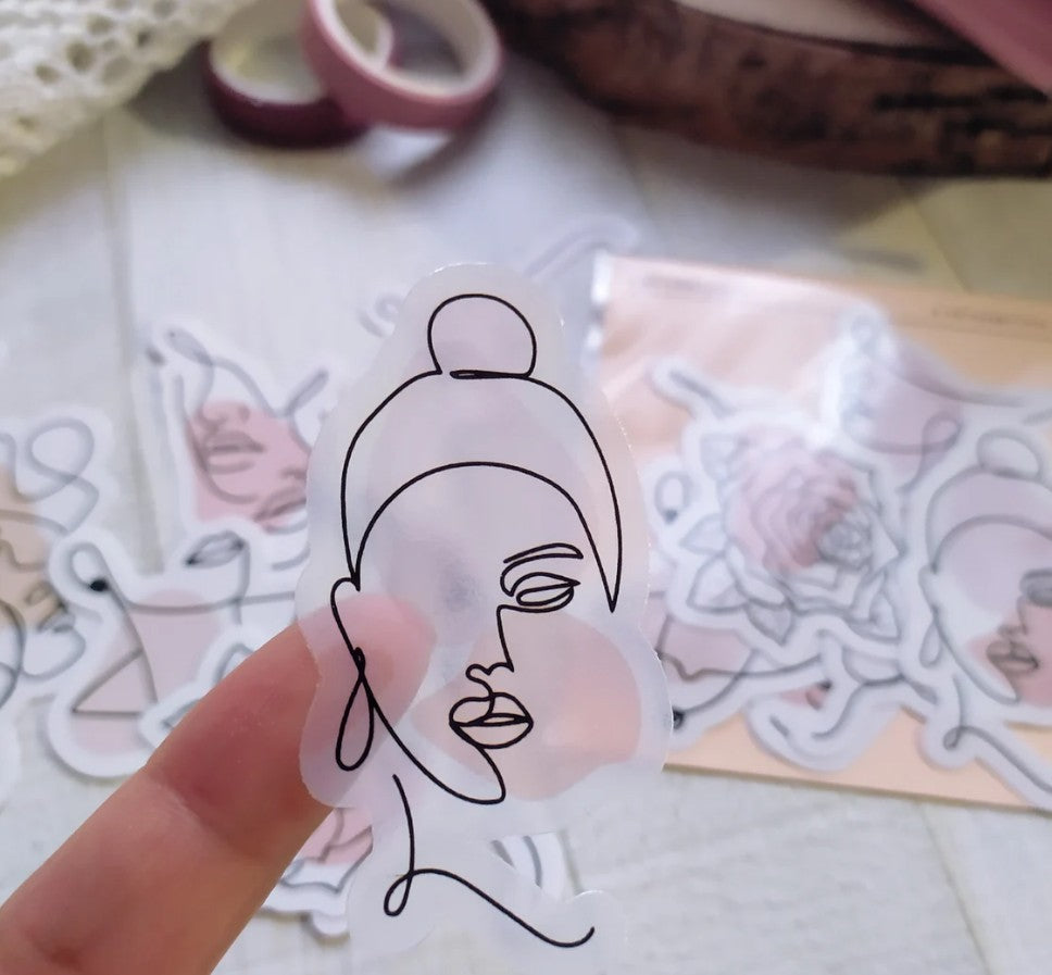 Clear Planner Stickers, Minimal Line Art Faces Die Cut Pack, Set of 7, Not Waterproof