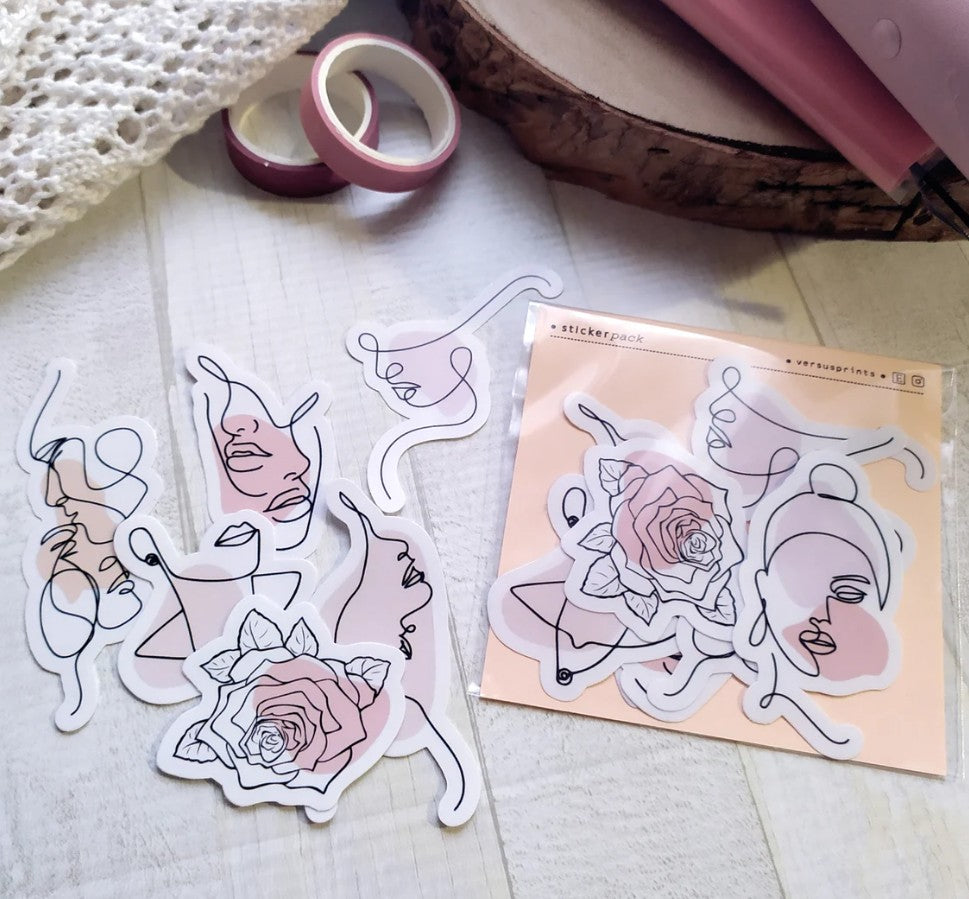 Clear Planner Stickers, Minimal Line Art Faces Die Cut Pack, Set of 7, Not Waterproof