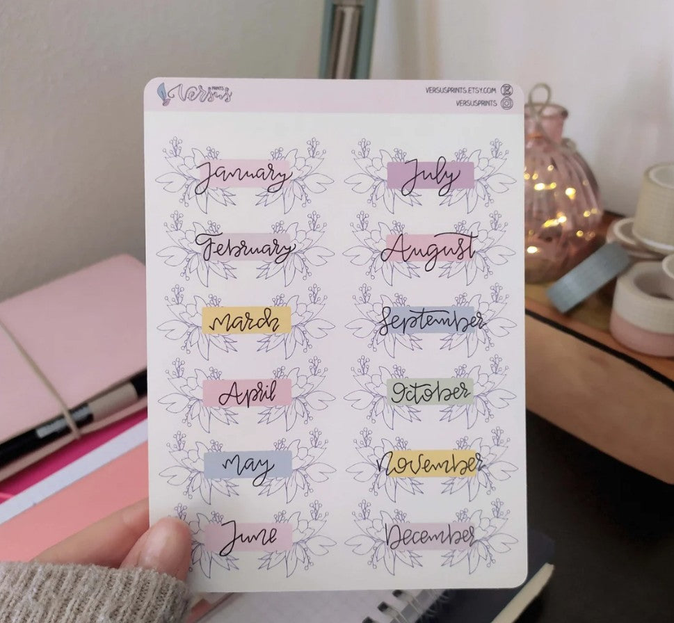 Set of 12 Monthly Headers Stickers with Hand Drawn Floral Elements
