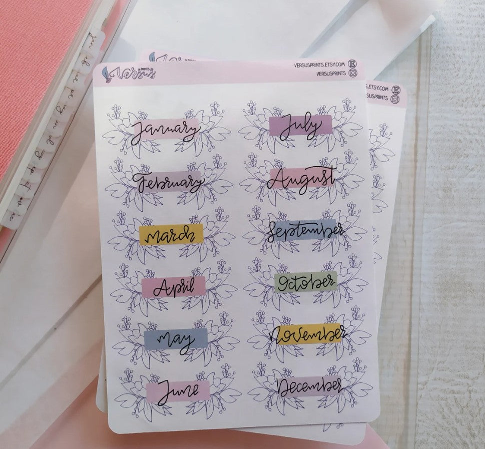 Set of 12 Monthly Headers Stickers with Hand Drawn Floral Elements