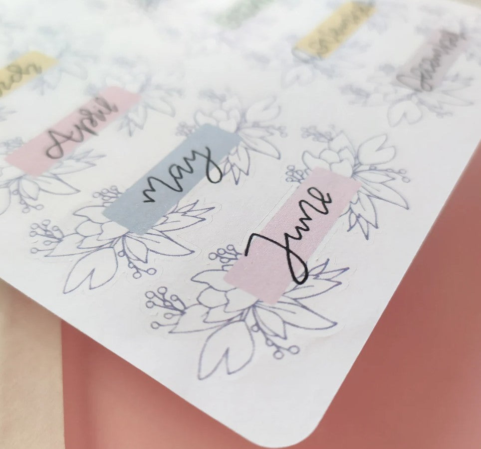 Set of 12 Monthly Headers Stickers with Hand Drawn Floral Elements