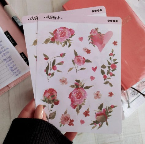 Red Roses and Hearts Stickers, Watercolor Decorative Botanical Stickers for Planners