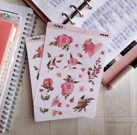 Red Roses and Hearts Stickers, Watercolor Decorative Botanical Stickers for Planners