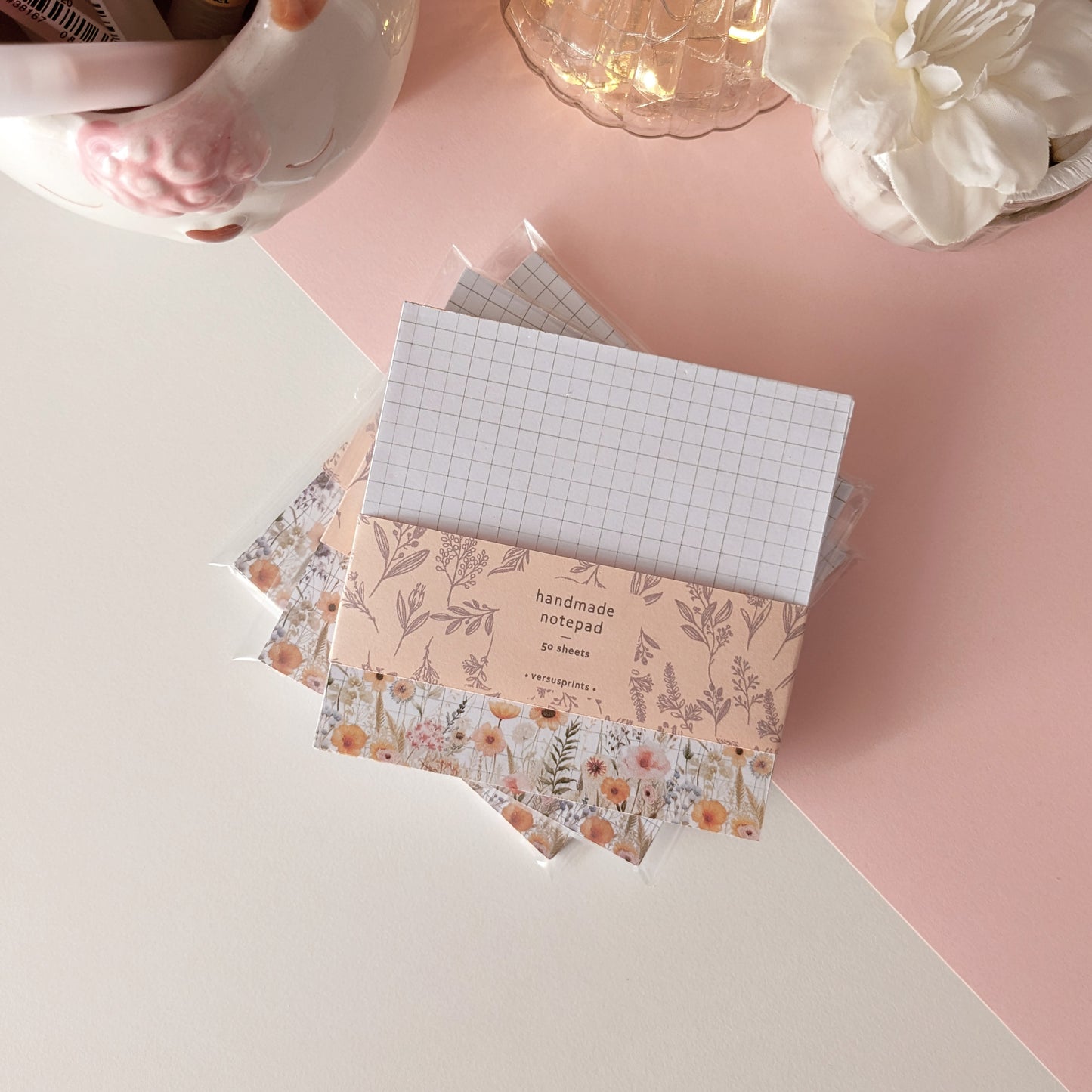 Memo Notepad, Grid Pattern and Wildflowers, Delicate Aesthetic Memo Notes