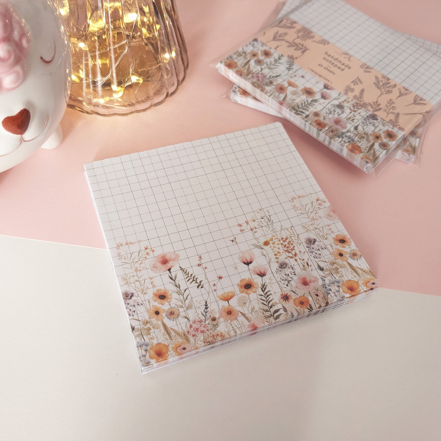 Memo Notepad, Grid Pattern and Wildflowers, Delicate Aesthetic Memo Notes
