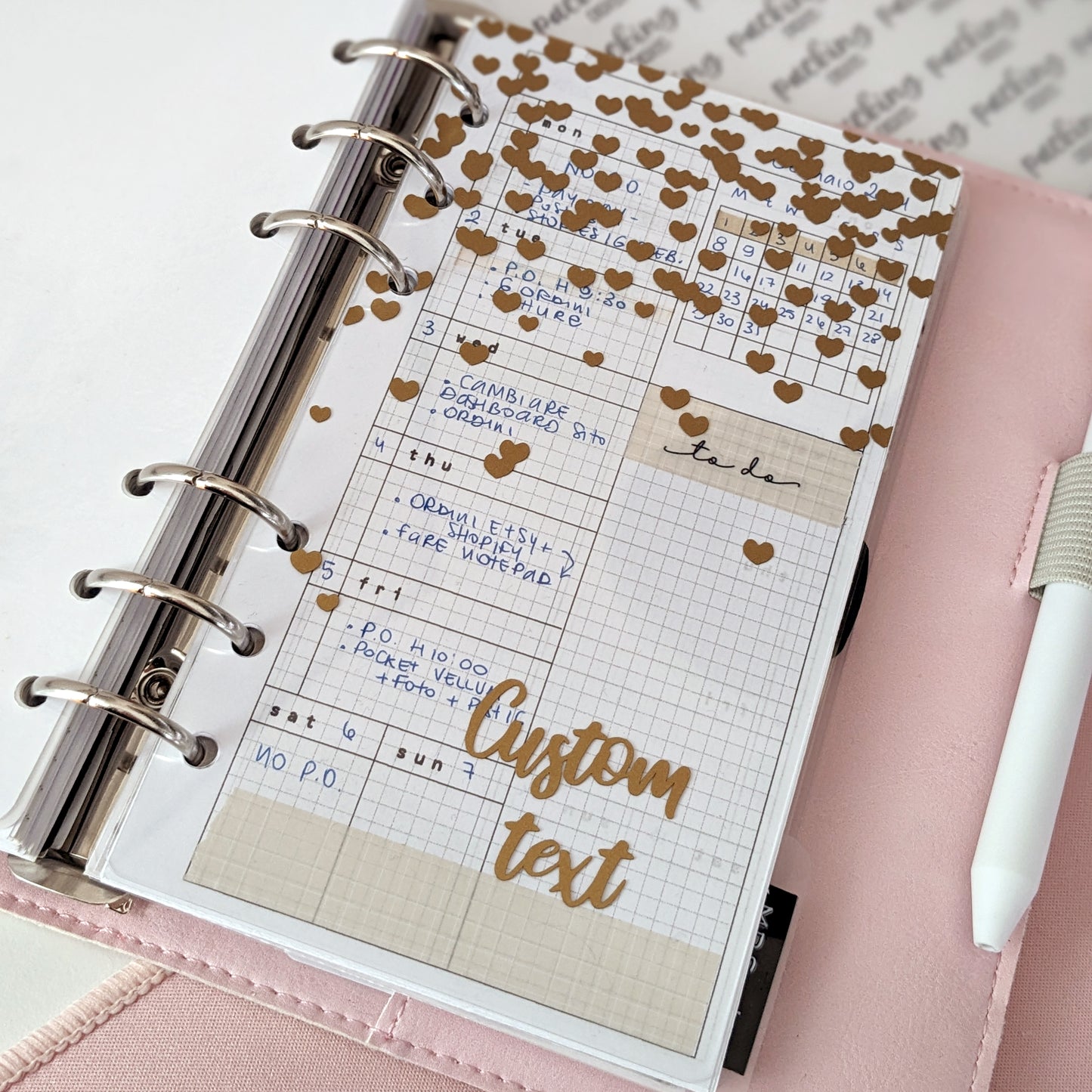 Custom Clear Planner Dashboard, Matt Gold Vinyl Hearts on Transparent PVC