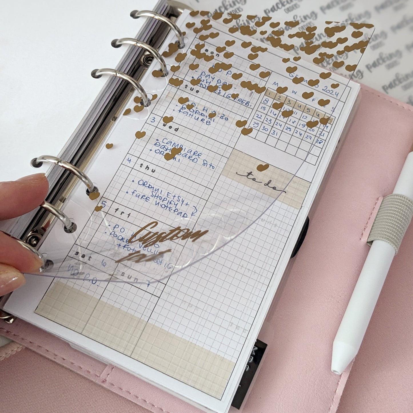 Custom Clear Planner Dashboard, Matt Gold Vinyl Hearts on Transparent PVC