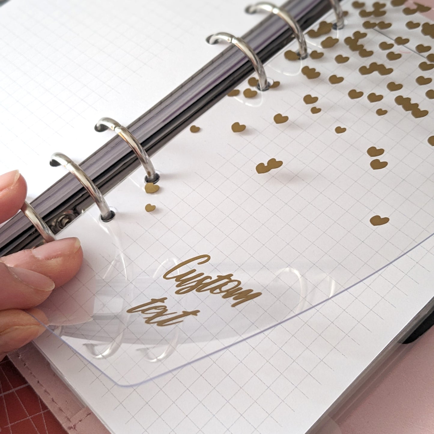 Custom Clear Planner Dashboard, Matt Gold Vinyl Hearts on Transparent PVC