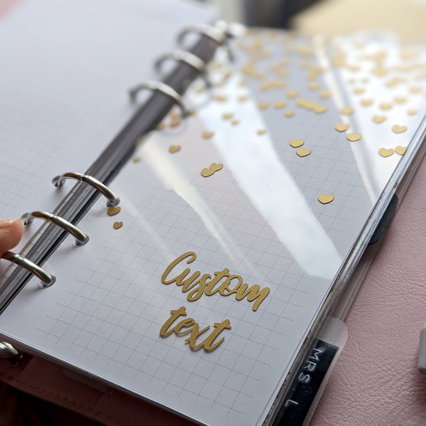 Custom Clear Planner Dashboard, Matt Gold Vinyl Hearts on Transparent PVC