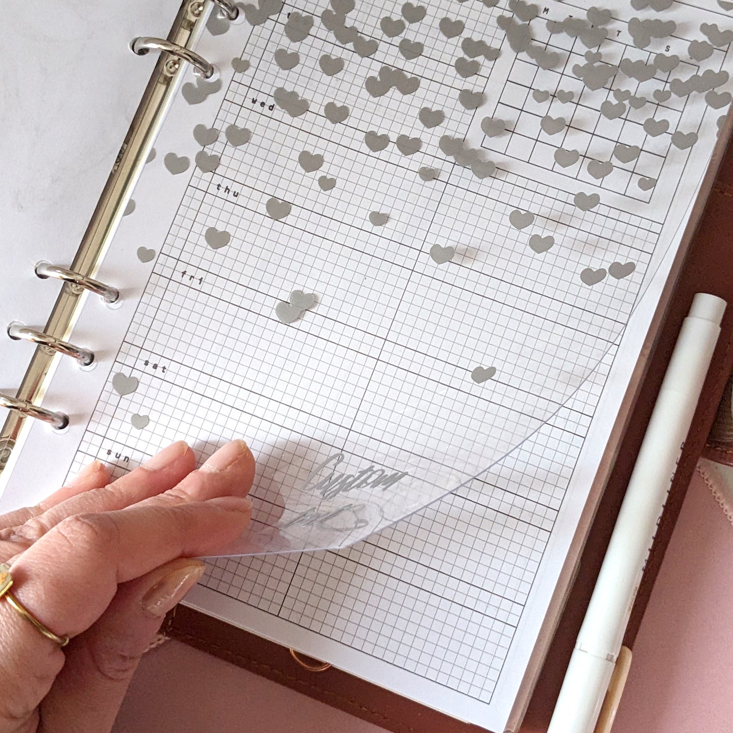 Custom Clear Planner Dashboard, Matt Silver Vinyl Hearts on Transparent PVC
