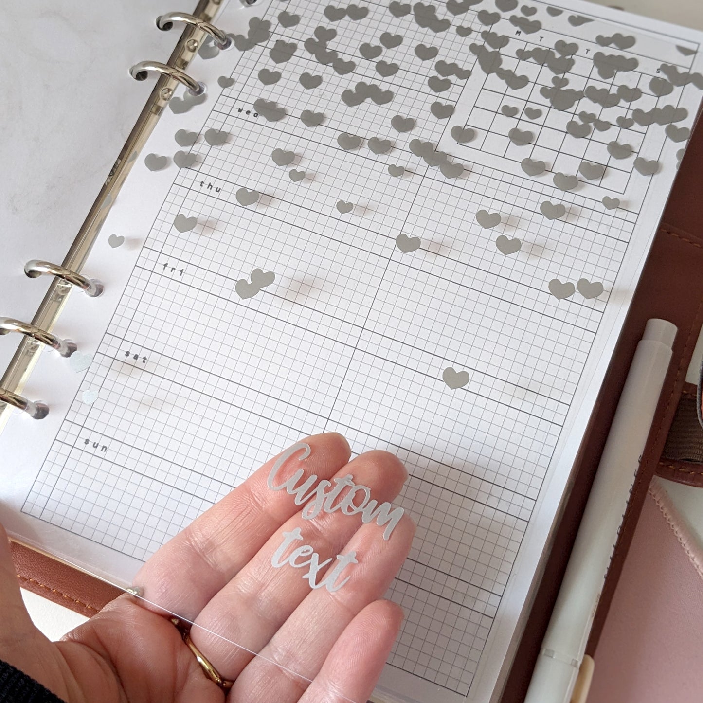 Custom Clear Planner Dashboard, Matt Silver Vinyl Hearts on Transparent PVC