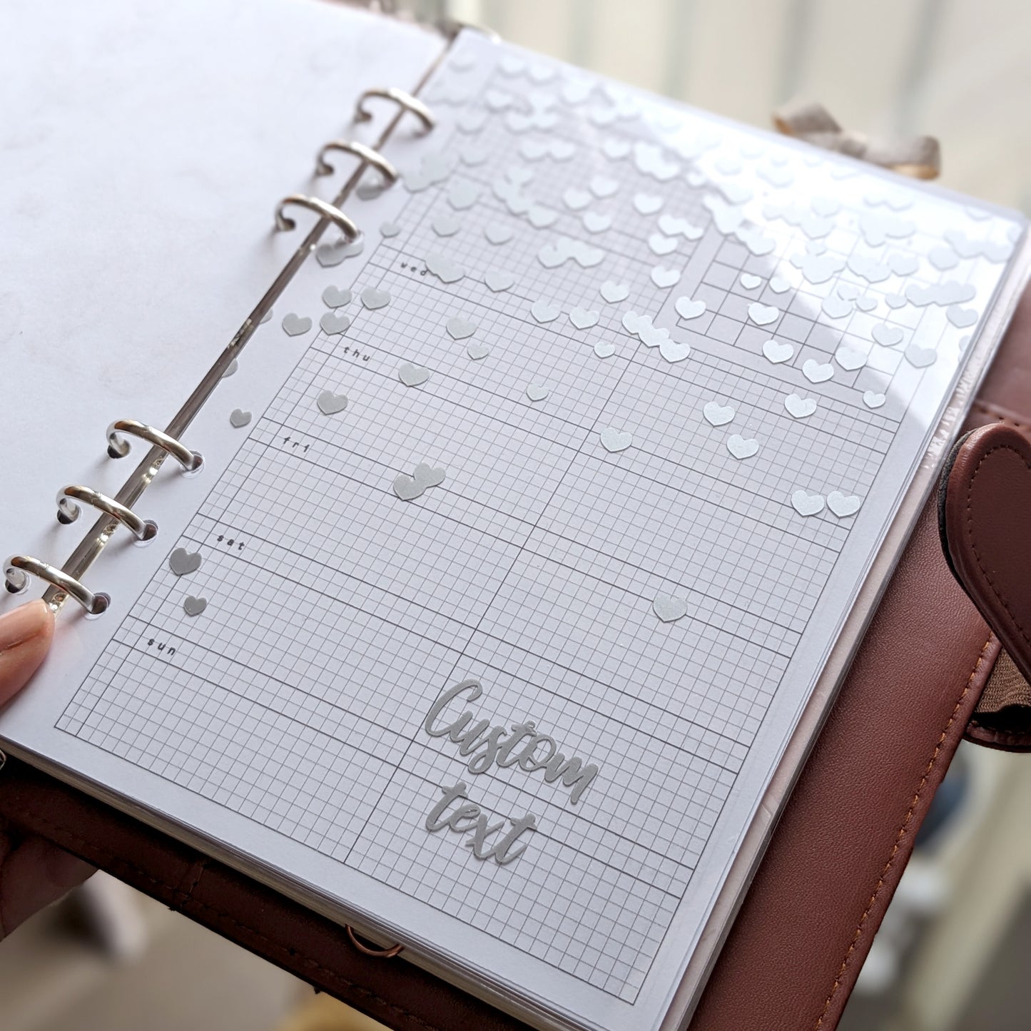 Custom Clear Planner Dashboard, Matt Silver Vinyl Hearts on Transparent PVC