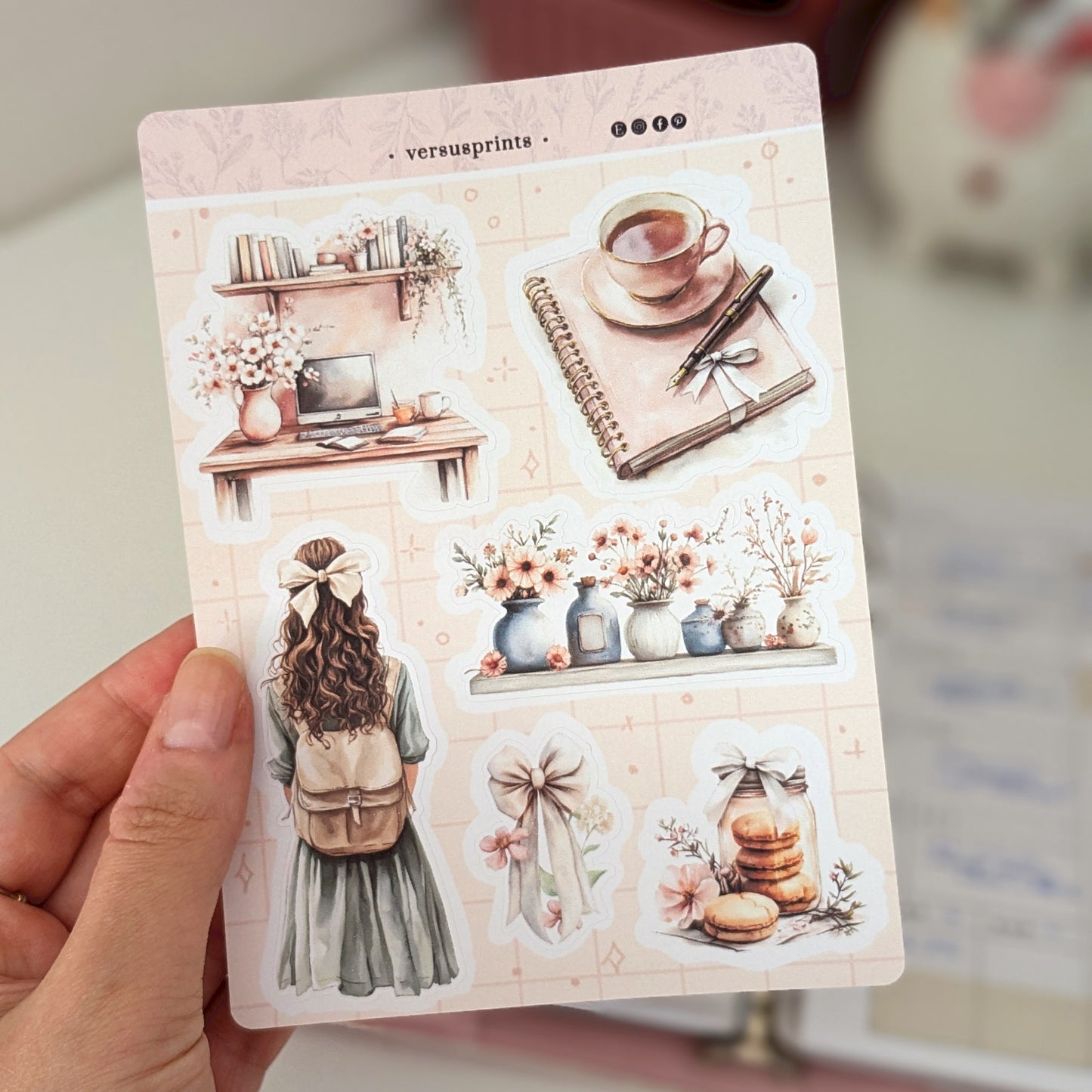 Cozy Studio Planner Sticker Sheet, Light Pink Deco Aesthetic, Journals, Tea and Bows Stickers, Soft Color Palette