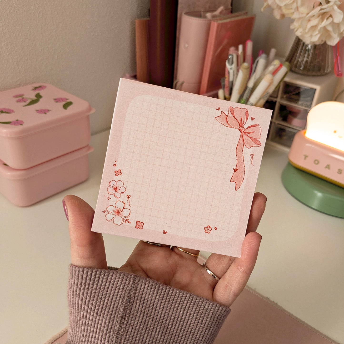 Memo Notepad, Pink Bows and Cherry Blossom Aesthetic