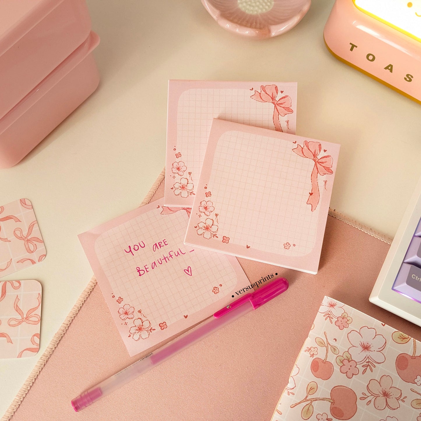 Memo Notepad, Pink Bows and Cherry Blossom Aesthetic