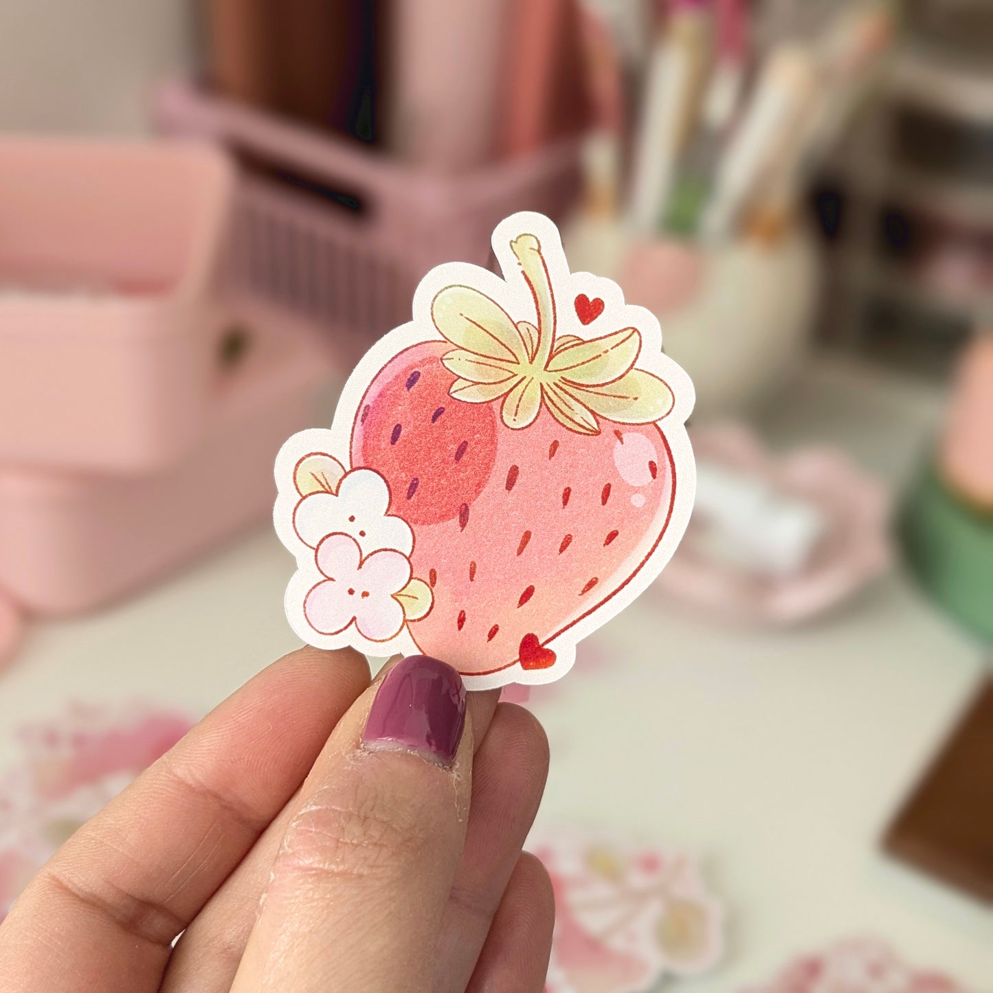 Cute Strawberry Die Cut Sticker, Hand Drawn, Semi-Gloss Vinyl