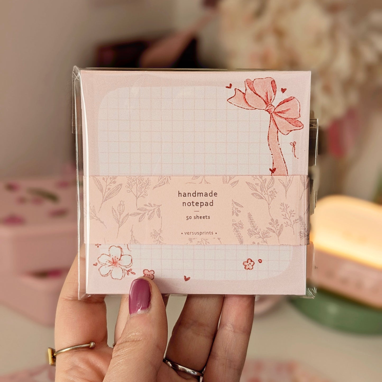 Memo Notepad, Pink Bows and Cherry Blossom Aesthetic