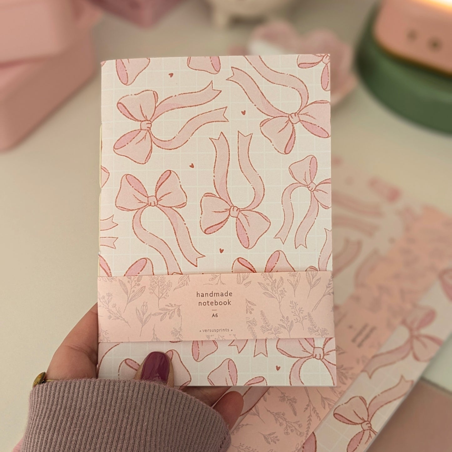 Pink Blush Bows Paper Notebook, Hand Stitched, A5 / A6 Size