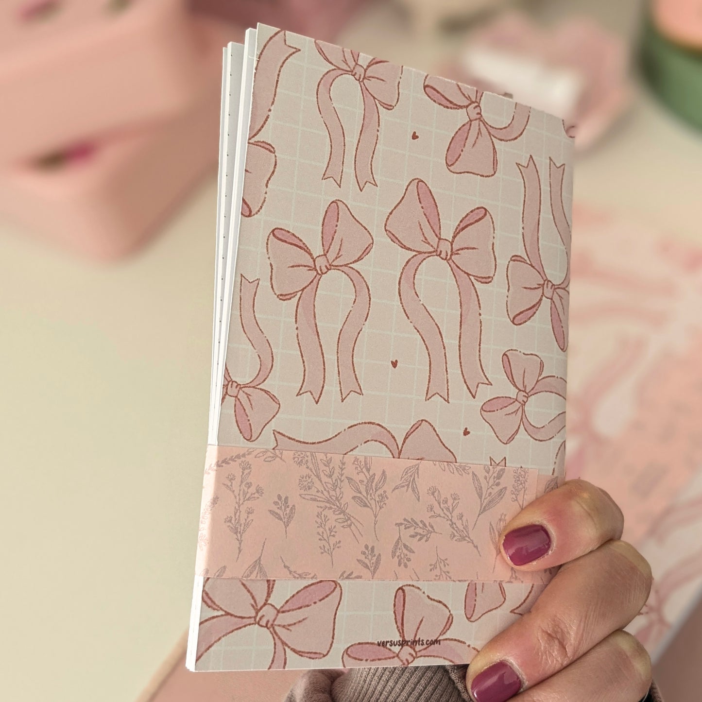 Pink Blush Bows Paper Notebook, Hand Stitched, A5 / A6 Size