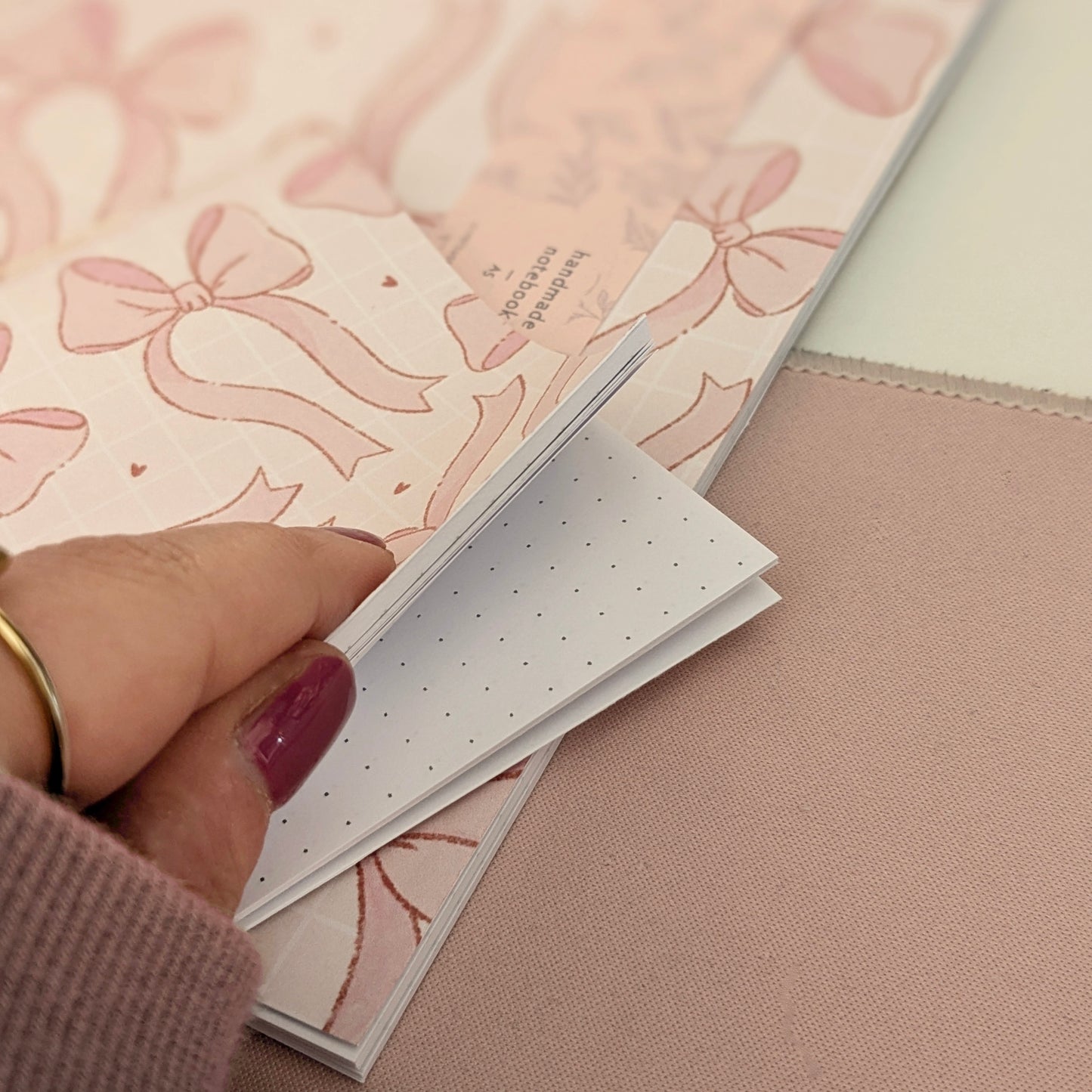 Pink Blush Bows Paper Notebook, Hand Stitched, A5 / A6 Size