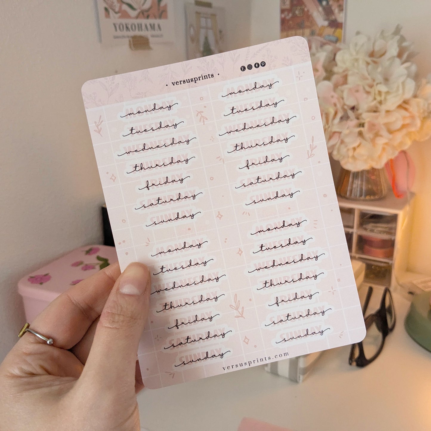 Script Week Day Planner Stickers for Undated Journals, Pink Date Covers