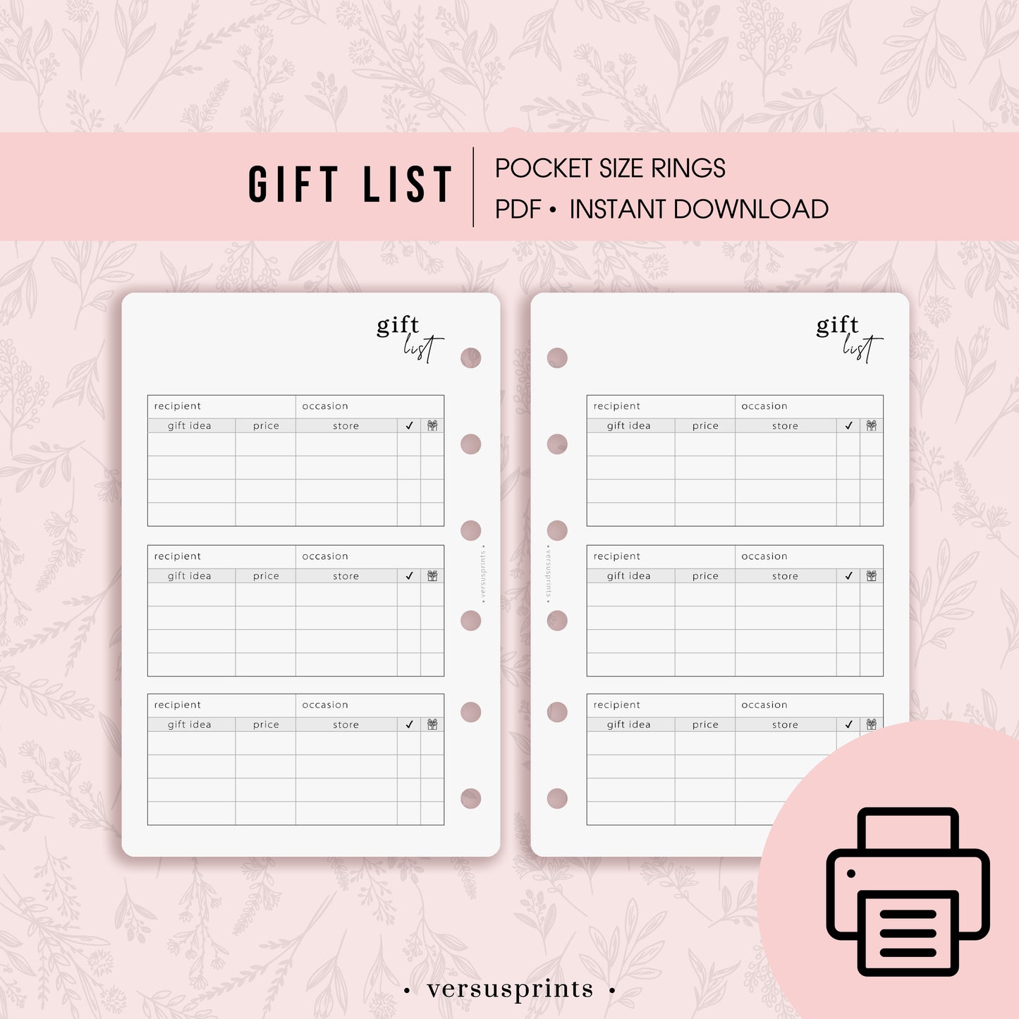 Inserto STAMPABILE Lista Regali per Agende formato Pocket, Fronte Retro