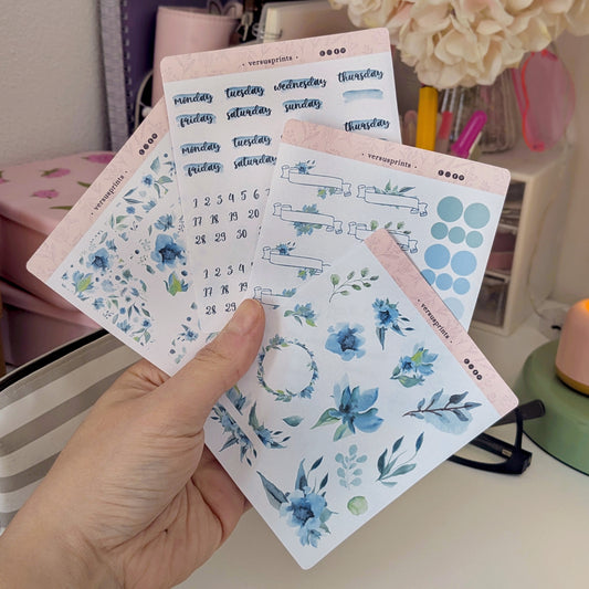 Kit di Adesivi di 4 Pagine per Planner e Journal, Tema Primaverile, Acquerello Floreale Blu