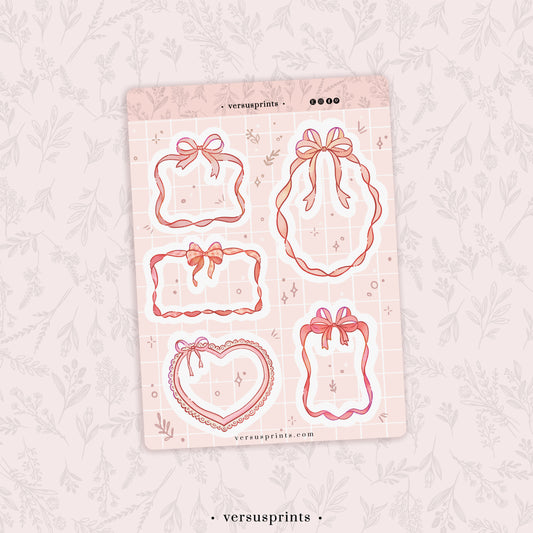 Coquette Bow Frame Sticker Sheet, Soft Pastel Pink Journal Stickers