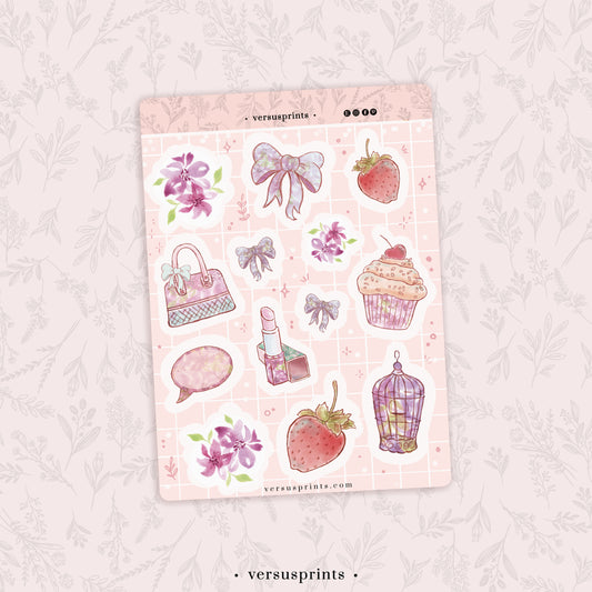 Foglio Stickers Illustrati Rosa e Lilla, Adesivi Fragole e Fiori per Agenda