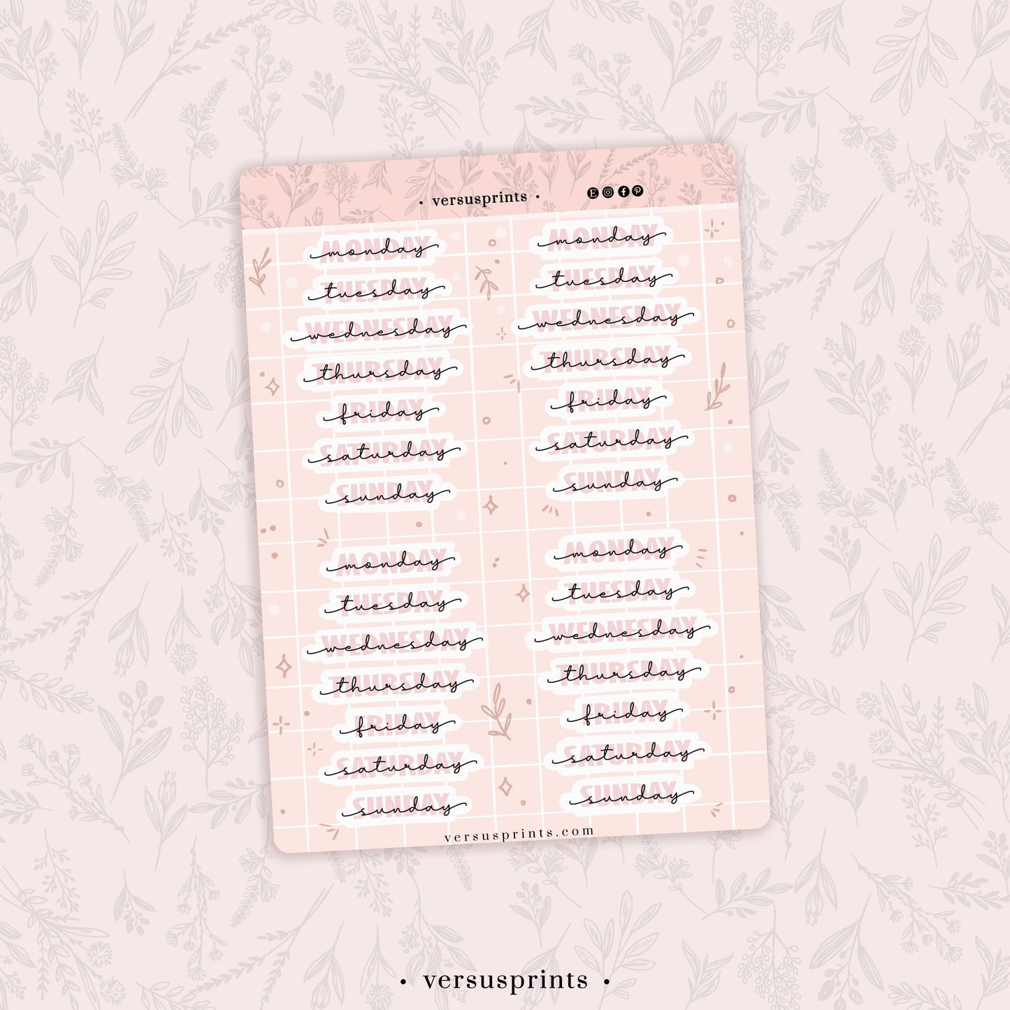 Script Week Day Planner Stickers for Undated Journals, Pink Date Covers