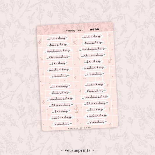 Script Week Day Planner Stickers for Undated Journals, Pink Date Covers