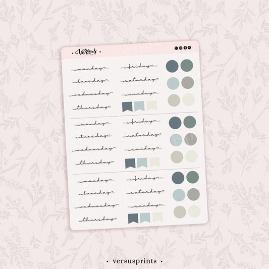 Weekly Planner Stickers (3x), Days of the Week, Green Palette