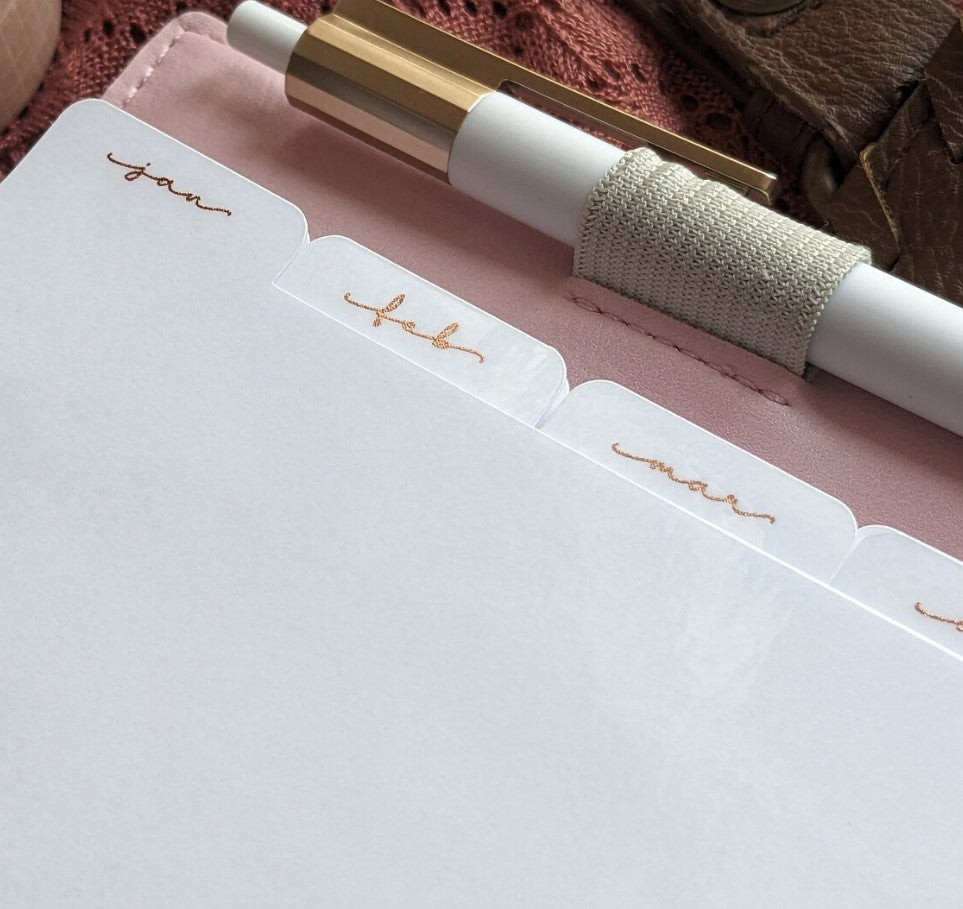 Monthly Laminated White Dividers, Rose Gold Foil Tabs