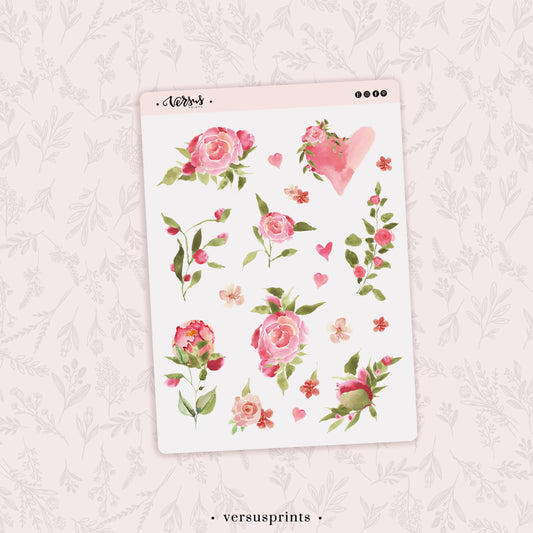 Red Roses and Hearts Stickers, Watercolor Decorative Botanical Stickers for Planners