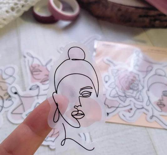 Clear Planner Stickers, Minimal Line Art Faces Die Cut Pack, Set of 7, Not Waterproof