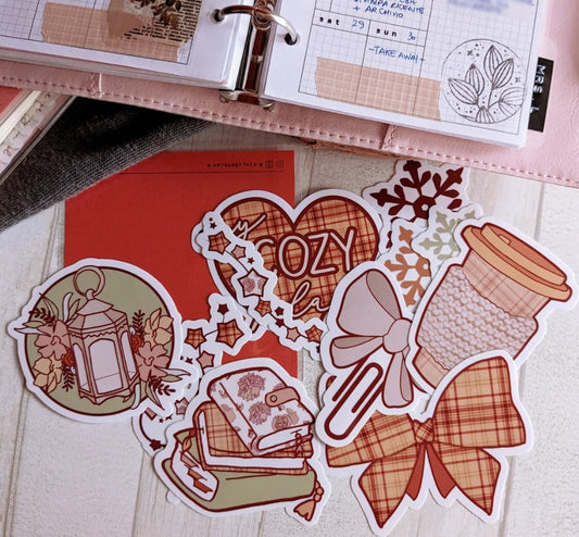 Hand-drawn Sticker Pack, Cozy Winter Die Cut, Clear Vinyl Stickers