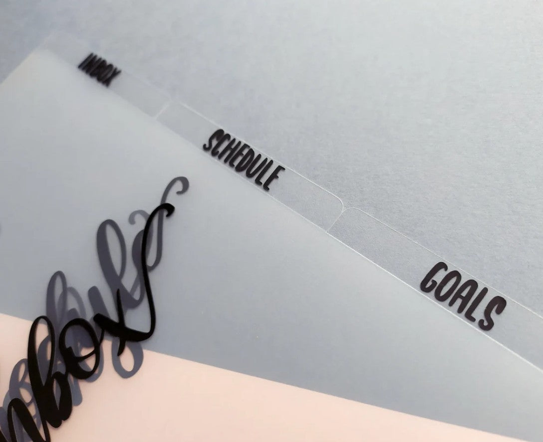 Custom Frosted PVC Planner Dividers, Black Vinyl Personalised Text, Ring & Disc Planners, Waterproof Tabs