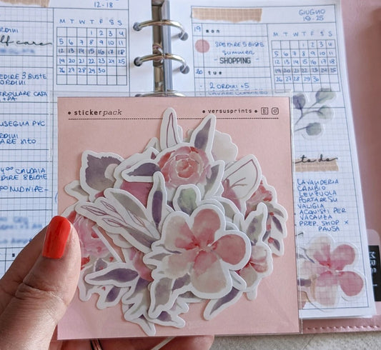 Clear Planner Stickers, Flowers Die Cut, Set of 12, Watercolor Style