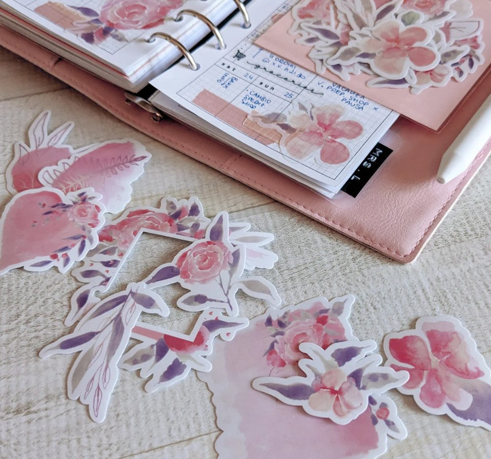 Clear Planner Stickers, Flowers Die Cut, Set of 12, Watercolor Style